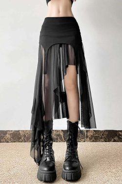 Y2K Grunge Goth Mesh High Low Slit Midi Skirt - Retro 90s Fashion, Summer Y2K Outfits