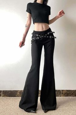 Y2K Grunge Goth Punk Eyelet Leather Strap Bell Bottoms - Retro 90s Fashion Statement