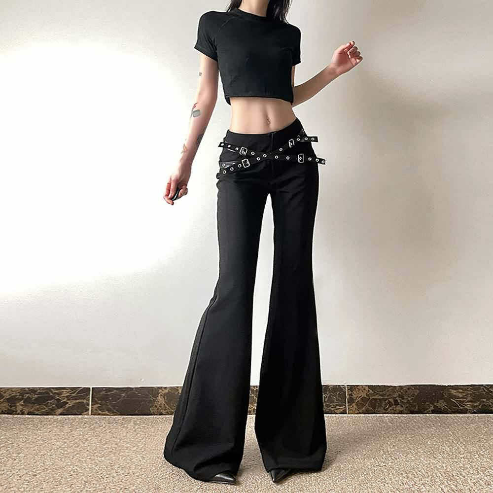 Y2K Grunge Goth Punk Eyelet Leather Strap Bell Bottoms - Retro 90s Fashion Statement