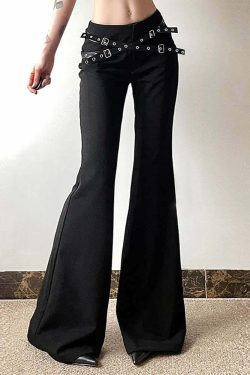 Y2K Grunge Goth Punk Eyelet Leather Strap Bell Bottoms - Retro 90s Fashion Statement