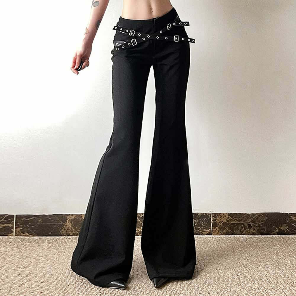 Y2K Grunge Goth Punk Eyelet Leather Strap Bell Bottoms - Retro 90s Fashion Statement