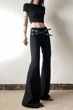 Y2K Grunge Goth Punk Eyelet Leather Strap Bell Bottoms - Retro 90s Fashion Statement