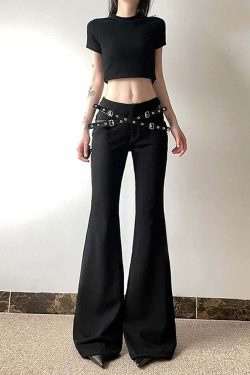 Y2K Grunge Goth Punk Eyelet Leather Strap Bell Bottoms - Retro 90s Fashion Statement