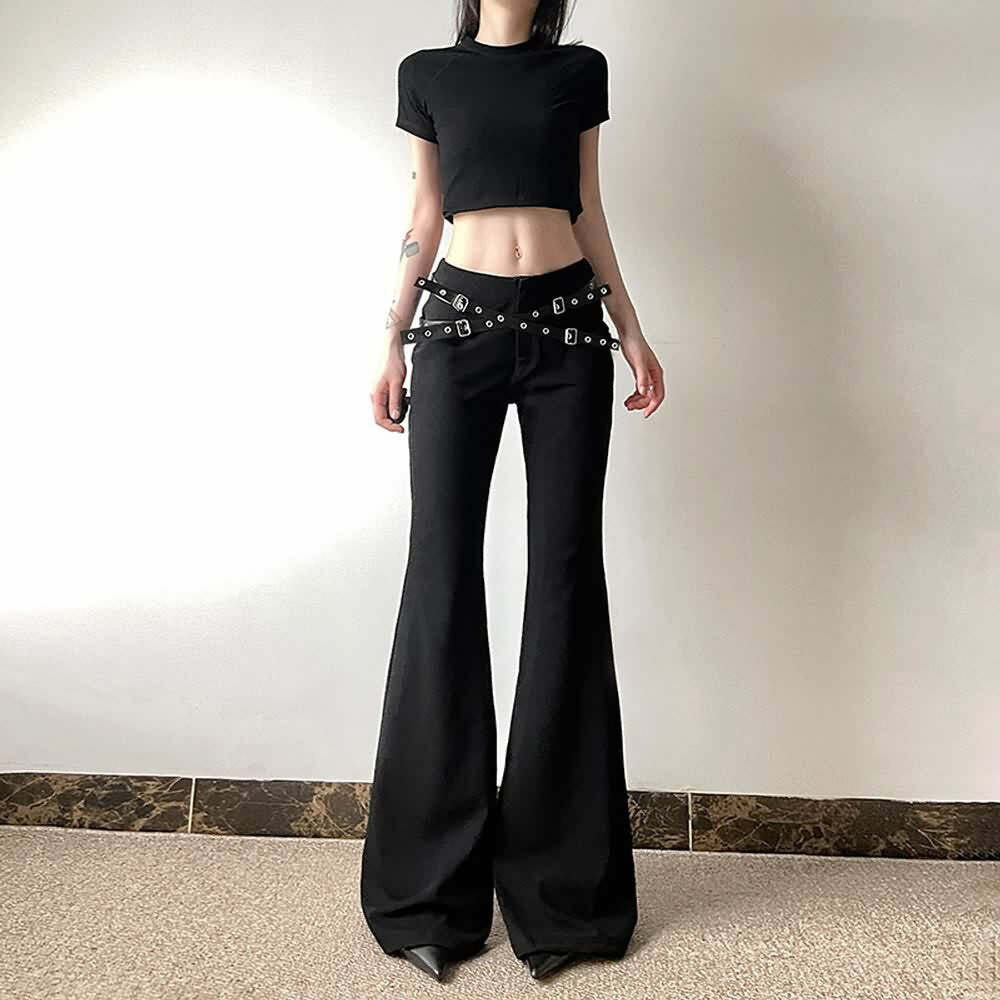 Y2K Grunge Goth Punk Eyelet Leather Strap Bell Bottoms - Retro 90s Fashion Statement