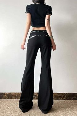 Y2K Grunge Goth Punk Eyelet Leather Strap Bell Bottoms - Retro 90s Fashion Statement