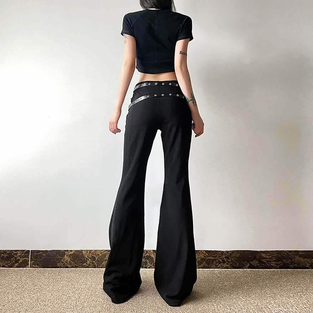 Y2K Grunge Goth Punk Eyelet Leather Strap Bell Bottoms - Retro 90s Fashion Statement