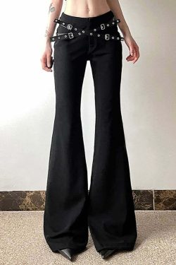 Y2K Grunge Goth Punk Eyelet Leather Strap Bell Bottoms - Retro 90s Fashion Statement