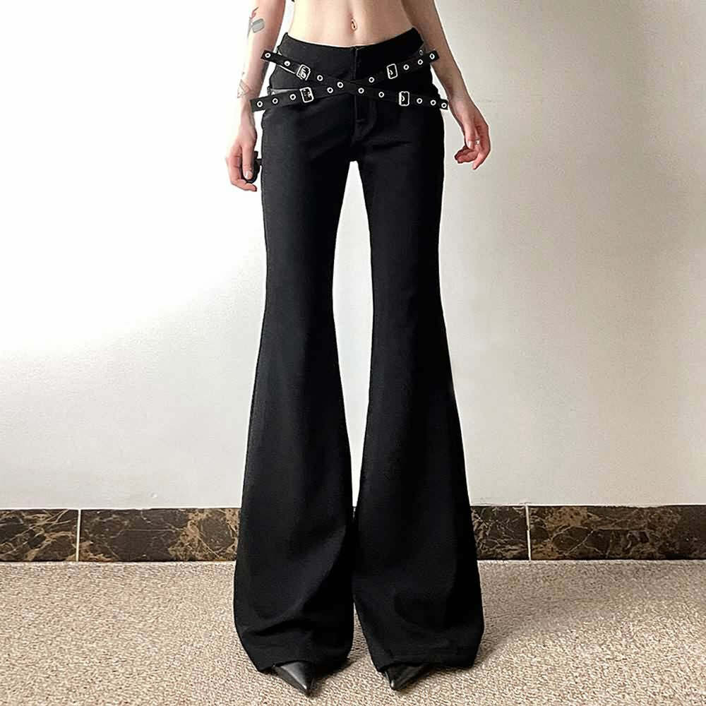 Y2K Grunge Goth Punk Eyelet Leather Strap Bell Bottoms - Retro 90s Fashion Statement