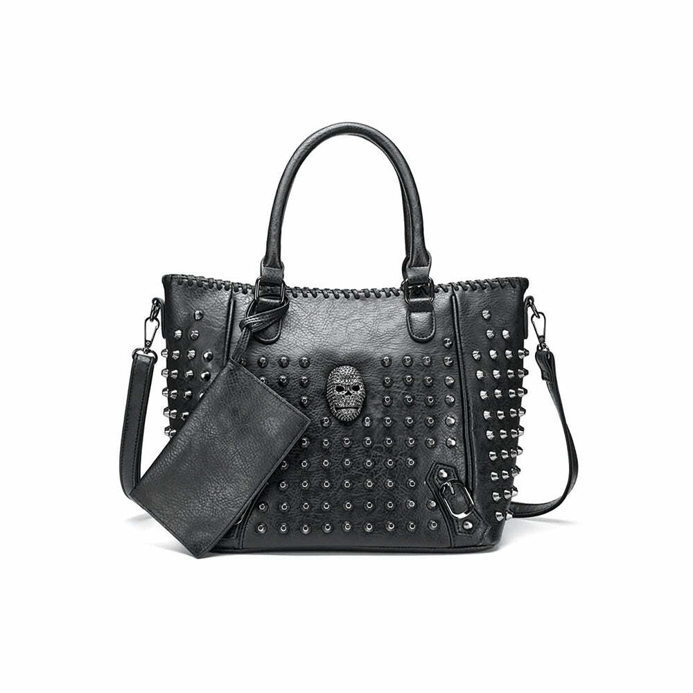 Y2K Grunge Goth Punk Skull Studded Handbag - Retro 90s Fashion, Y2K Club & Party Outfit Accessory