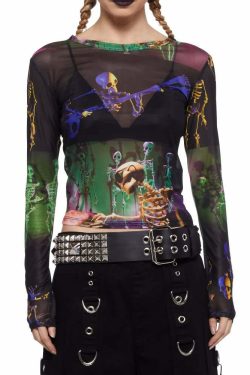 Y2K Grunge Goth Rave Mesh Long Sleeve Top - Retro 90s Fashion, Summer Party Outfit