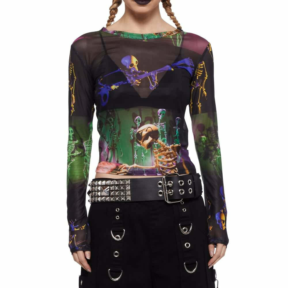 Y2K Grunge Goth Rave Mesh Long Sleeve Top - Retro 90s Fashion, Summer Party Outfit