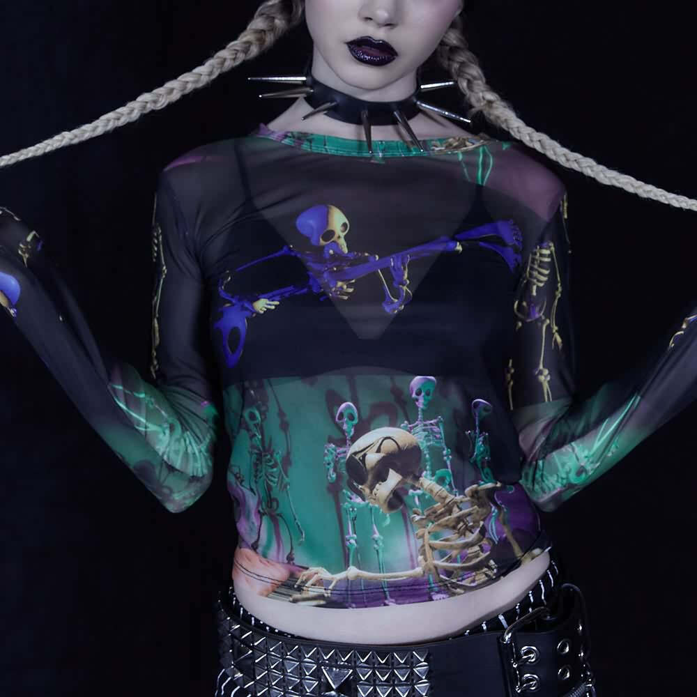 Y2K Grunge Goth Rave Mesh Long Sleeve Top - Retro 90s Fashion, Summer Party Outfit