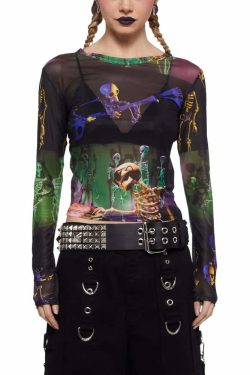 Y2K Grunge Goth Rave Mesh Long Sleeve Top - Retro 90s Fashion, Summer Party Outfit