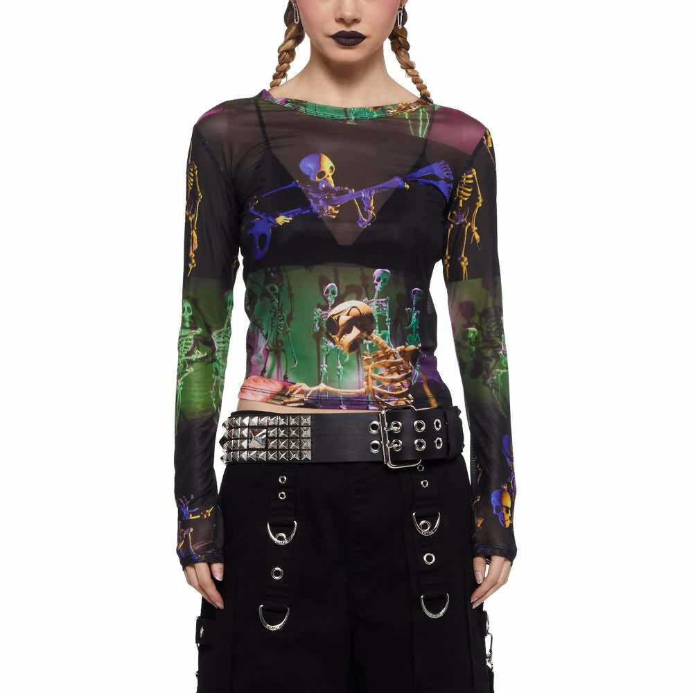 Y2K Grunge Goth Rave Mesh Long Sleeve Top - Retro 90s Fashion, Summer Party Outfit