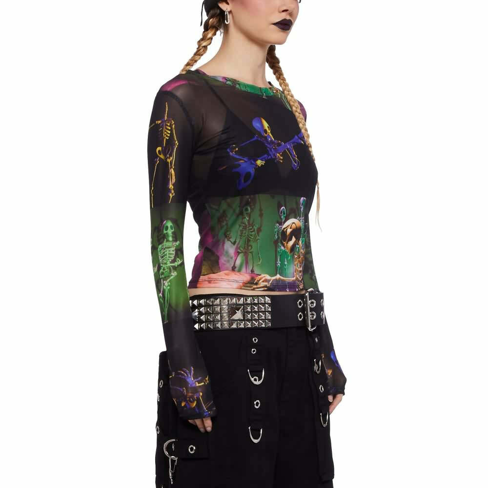 Y2K Grunge Goth Rave Mesh Long Sleeve Top - Retro 90s Fashion, Summer Party Outfit