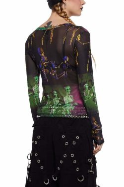 Y2K Grunge Goth Rave Mesh Long Sleeve Top - Retro 90s Fashion, Summer Party Outfit