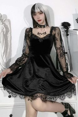 Y2K Grunge Goth Velours Vampire A-Line Dress - Retro 90s Summer Party Outfit