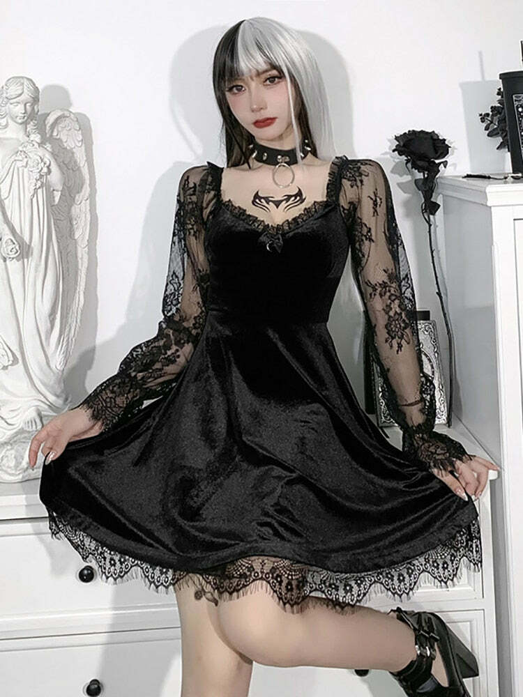 Y2K Grunge Goth Velours Vampire A-Line Dress - Retro 90s Summer Party Outfit