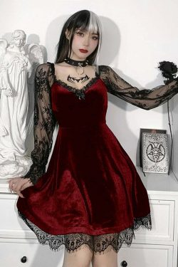 Y2K Grunge Goth Velours Vampire A-Line Dress - Retro 90s Summer Party Outfit
