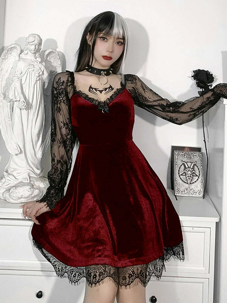 Y2K Grunge Goth Velours Vampire A-Line Dress - Retro 90s Summer Party Outfit