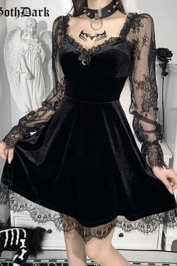 Y2K Grunge Goth Velours Vampire A-Line Dress - Retro 90s Summer Party Outfit