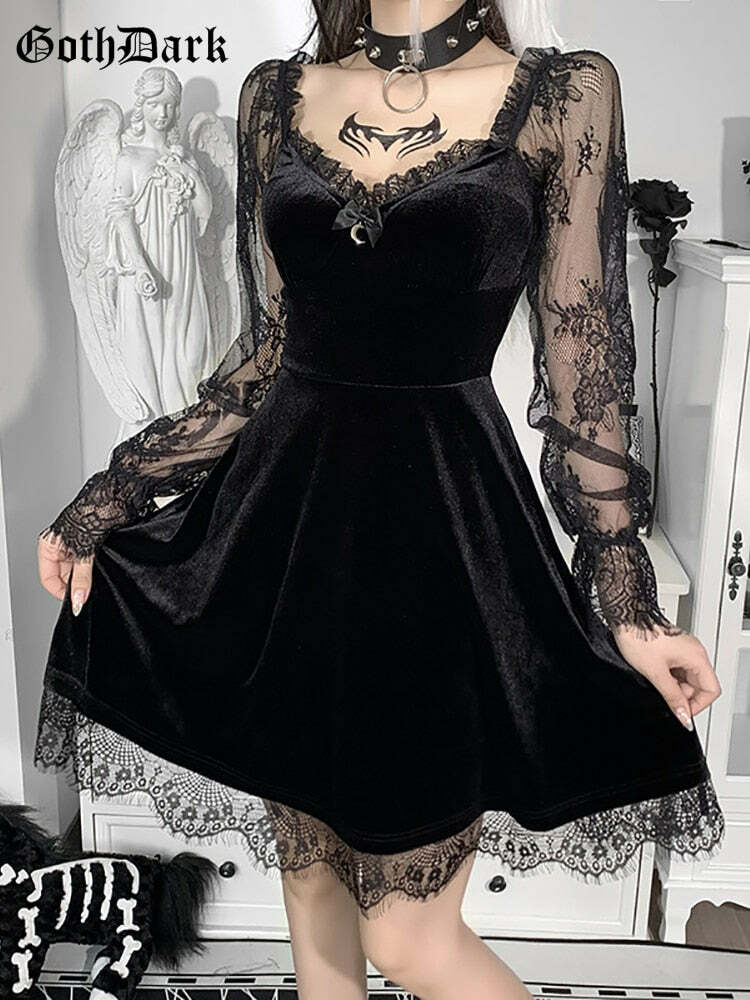 Y2K Grunge Goth Velours Vampire A-Line Dress - Retro 90s Summer Party Outfit