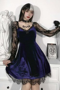 Y2K Grunge Goth Velours Vampire A-Line Dress - Retro 90s Summer Party Outfit