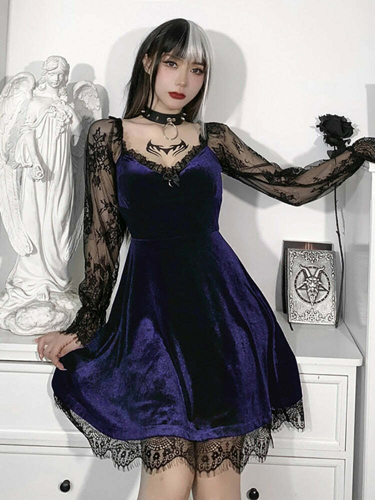 Y2K Grunge Goth Velours Vampire A-Line Dress - Retro 90s Summer Party Outfit