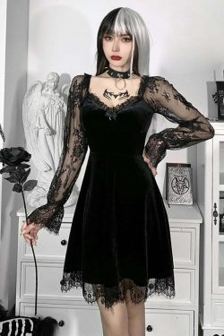 Y2K Grunge Goth Velours Vampire A-Line Dress - Retro 90s Summer Party Outfit
