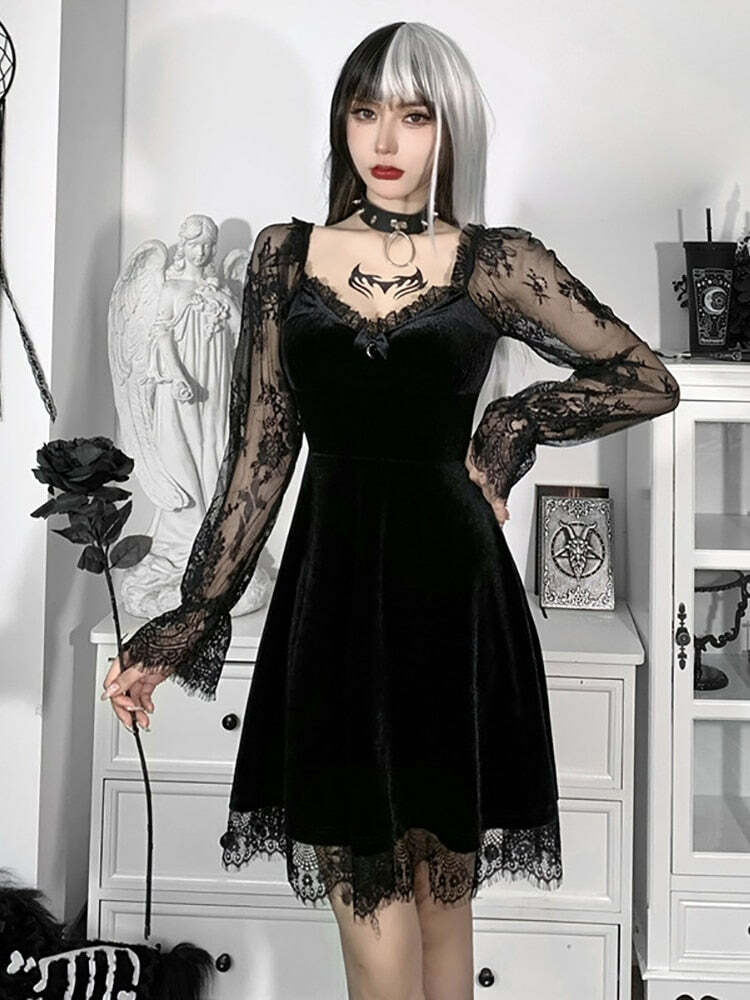 Y2K Grunge Goth Velours Vampire A-Line Dress - Retro 90s Summer Party Outfit