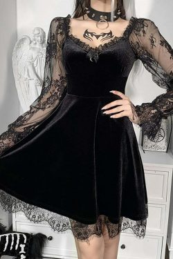 Y2K Grunge Goth Velours Vampire A-Line Dress - Retro 90s Summer Party Outfit