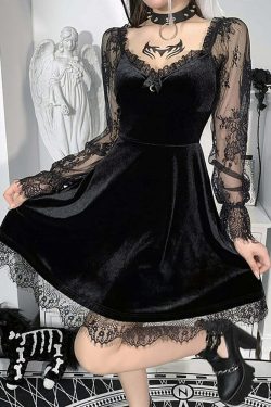 Y2K Grunge Goth Velours Vampire A-Line Dress - Retro 90s Summer Party Outfit
