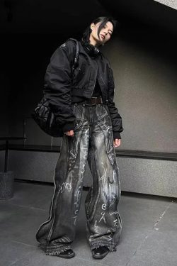 Y2K Grunge Gothic Baggy Jeans - Retro 90s Fashion, Summer Y2K Outfits, Pastel Goth Style
