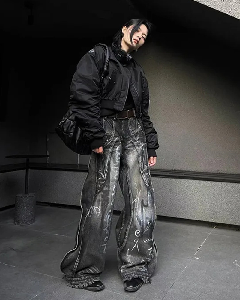 Y2K Grunge Gothic Baggy Jeans - Retro 90s Fashion, Summer Y2K Outfits, Pastel Goth Style