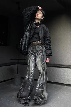 Y2K Grunge Gothic Baggy Jeans - Retro 90s Fashion, Summer Y2K Outfits, Pastel Goth Style