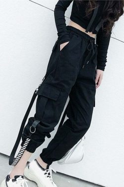 Y2K Grunge Gothic Black Straps Cargo Pants - 90s Retro Summer Outfit for Women