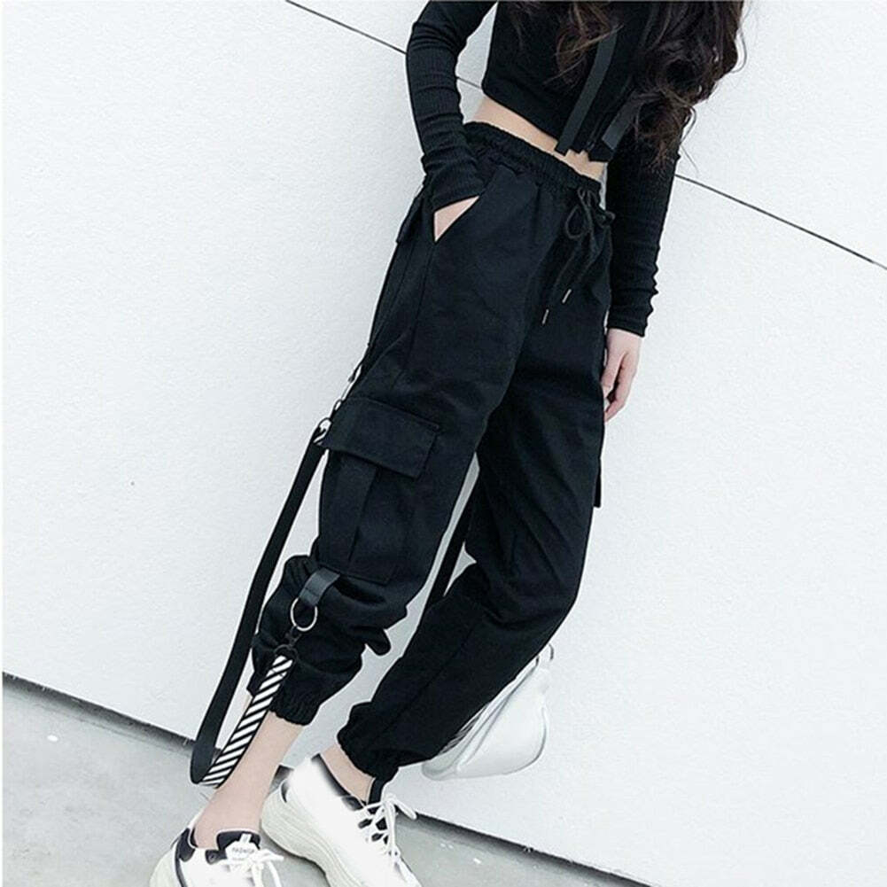 Y2K Grunge Gothic Black Straps Cargo Pants - 90s Retro Summer Outfit for Women