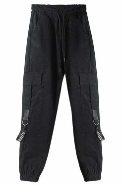 Y2K Grunge Gothic Black Straps Cargo Pants - 90s Retro Summer Outfit for Women