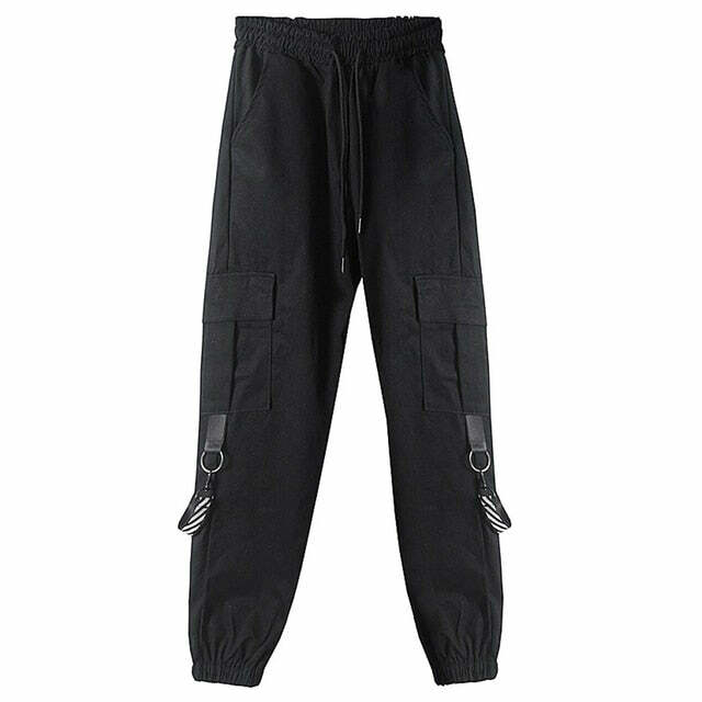 Y2K Grunge Gothic Black Straps Cargo Pants - 90s Retro Summer Outfit for Women