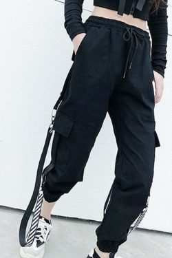 Y2K Grunge Gothic Black Straps Cargo Pants - 90s Retro Summer Outfit for Women