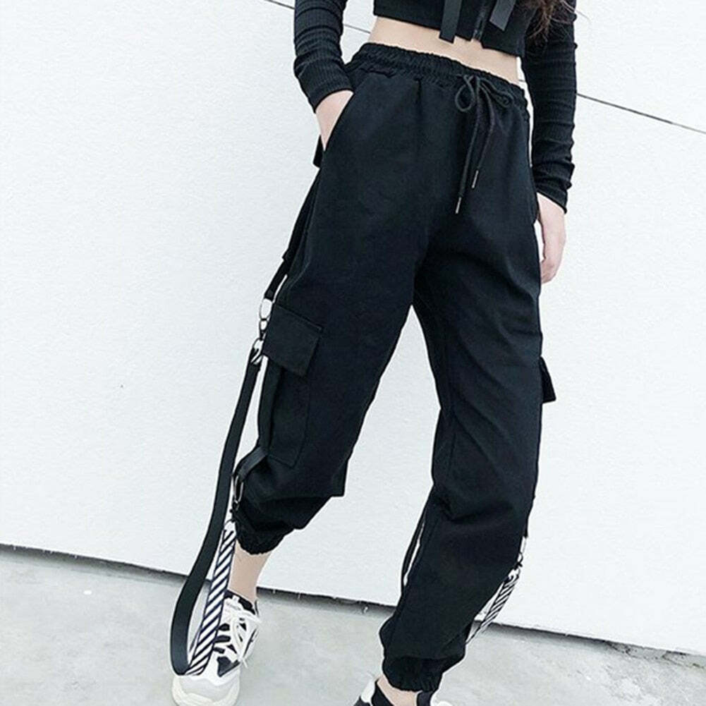Y2K Grunge Gothic Black Straps Cargo Pants - 90s Retro Summer Outfit for Women