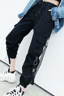 Y2K Grunge Gothic Black Straps Cargo Pants - 90s Retro Summer Outfit for Women