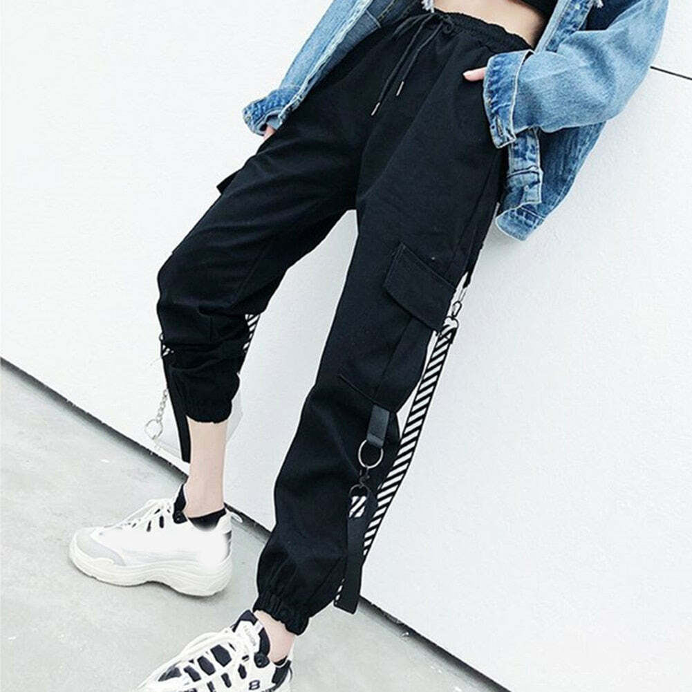 Y2K Grunge Gothic Black Straps Cargo Pants - 90s Retro Summer Outfit for Women