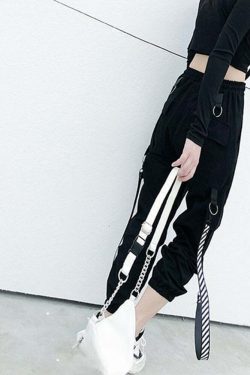 Y2K Grunge Gothic Black Straps Cargo Pants - 90s Retro Summer Outfit for Women