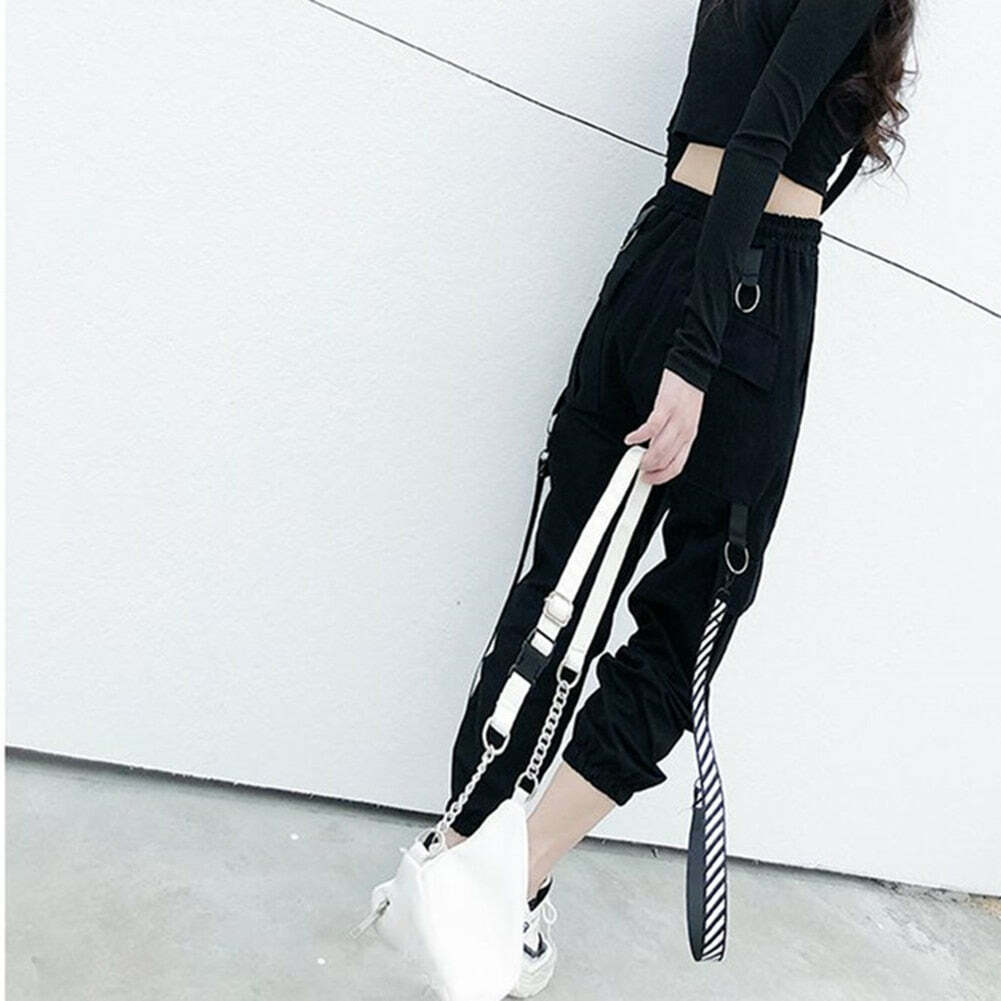 Y2K Grunge Gothic Black Straps Cargo Pants - 90s Retro Summer Outfit for Women