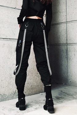 Y2K Grunge Gothic Black Straps Cargo Pants - 90s Retro Summer Outfit for Women