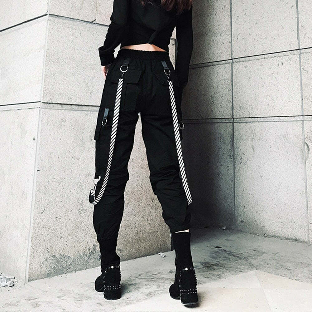 Y2K Grunge Gothic Black Straps Cargo Pants - 90s Retro Summer Outfit for Women