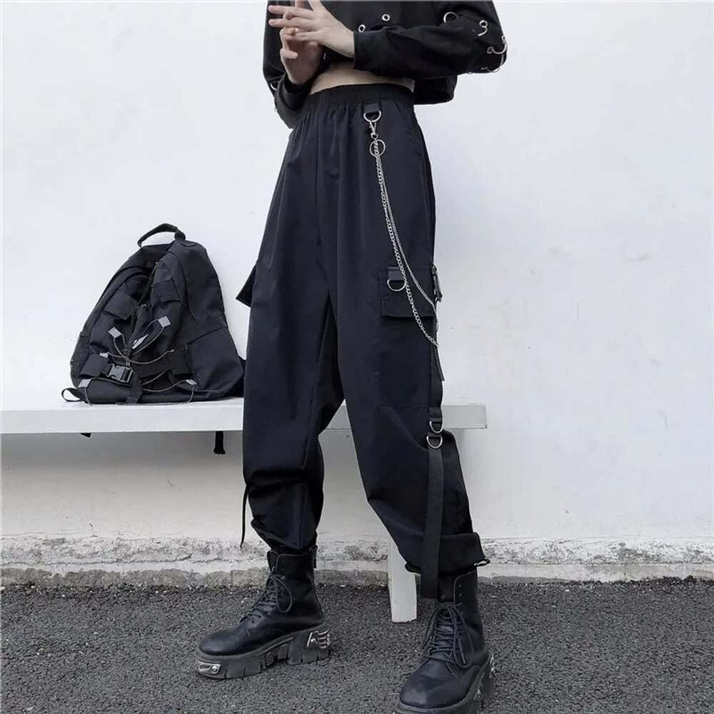 Y2K Grunge Gothic Chain Cargo Pants - Retro 90s Fashion, Summer Y2K Outfits, Dark Y2K Style
