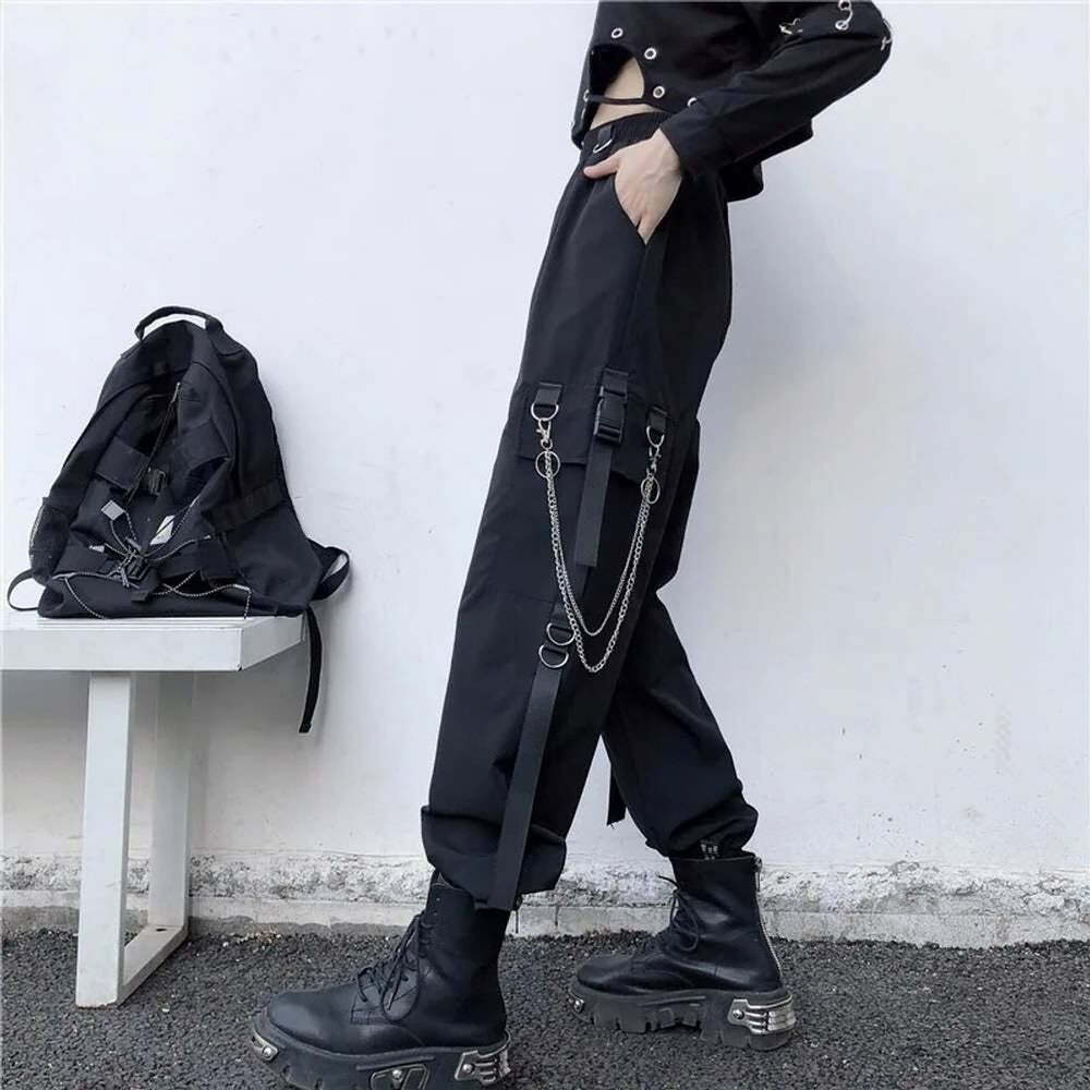 Y2K Grunge Gothic Chain Cargo Pants - Retro 90s Fashion, Summer Y2K Outfits, Dark Y2K Style