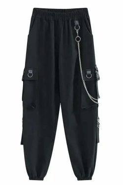Y2K Grunge Gothic Chain Cargo Pants - Retro 90s Fashion, Summer Y2K Outfits, Dark Y2K Style